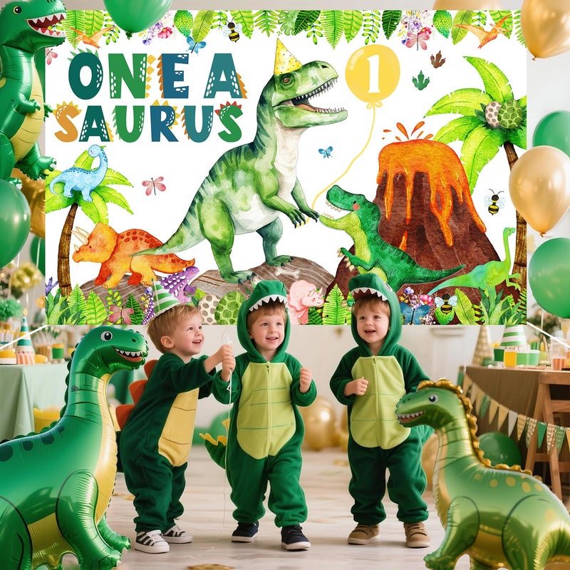 BIGKEOKI One a Saurus Birthday Decorations Dinosaur 1st Bday Party Backdrop Banner Jungle Leaves T-rex Dino Bday Photography Background Dino First Bday Party Supplies (Green Dino 1st) - Image 4